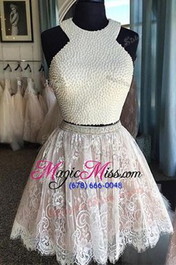 Pretty Halter Top Knee Length Zipper Prom Dress White and In for Prom and Party with Beading and Lace