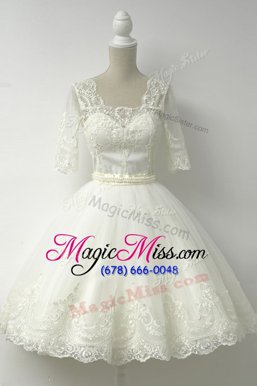 Custom Fit White Half Sleeves Lace Knee Length Prom Party Dress