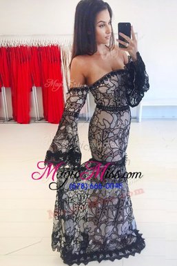 Glittering Mermaid Lace Black Evening Party Dresses Off The Shoulder Long Sleeves Sweep Train Zipper