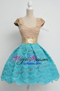 Extravagant Blue Lace Zipper Scoop Cap Sleeves Knee Length Prom Dresses Sequins