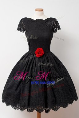 High Quality Knee Length Black Evening Dress Lace Cap Sleeves Hand Made Flower