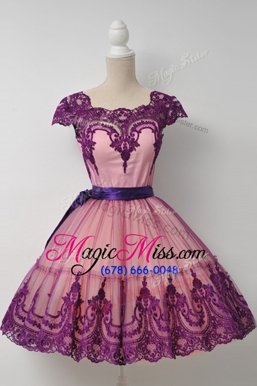 Beauteous Purple Ball Gowns Square Cap Sleeves Tulle Mini Length Zipper Belt Prom Dress