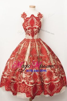 Free and Easy Red A-line Square Sleeveless Tulle Tea Length Zipper Lace Prom Dresses