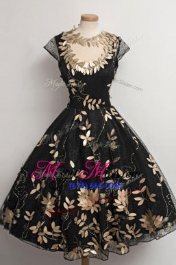 Sexy Scalloped Tea Length Ball Gowns Cap Sleeves Black Prom Dresses Zipper