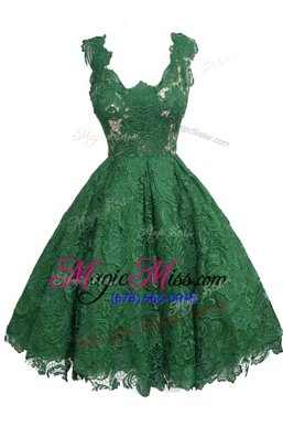 Sweet Scoop Sleeveless Lace Knee Length Zipper Prom Party Dress in Dark Green for with Appliques