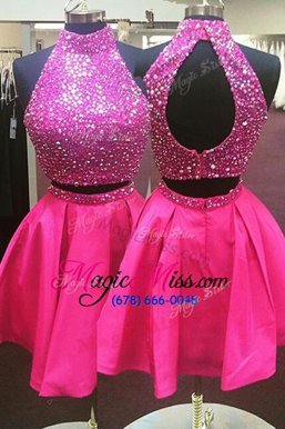 Discount Halter Top Hot Pink Zipper Homecoming Dress Beading Sleeveless Mini Length