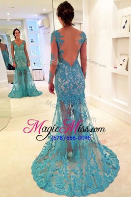 Beautiful Mermaid With Train Turquoise Going Out Dresses Lace Brush Train Long Sleeves Lace