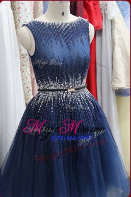 Fabulous Scoop Navy Blue Zipper Prom Dresses Beading Sleeveless Knee Length