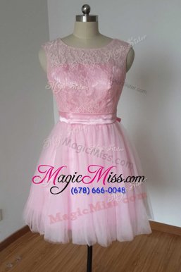 Cheap Pink A-line Tulle and Lace Scoop Sleeveless Lace and Bowknot Knee Length Backless Evening Dress