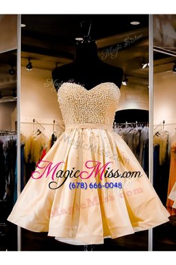 Champagne A-line Satin Sweetheart Sleeveless Beading Knee Length Lace Up Prom Evening Gown