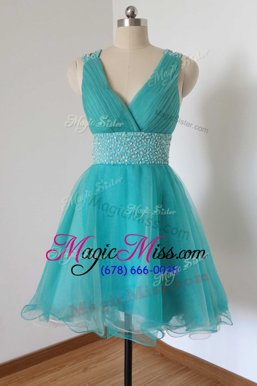 Wonderful Turquoise Criss Cross V-neck Beading Prom Evening Gown Tulle Sleeveless