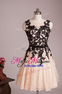 Edgy Lace Knee Length Black and Champagne Prom Gown Scoop Sleeveless Zipper
