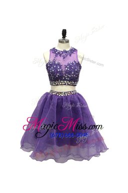 Vintage Scoop Purple A-line Beading and Appliques Homecoming Dress Side Zipper Tulle Sleeveless Knee Length