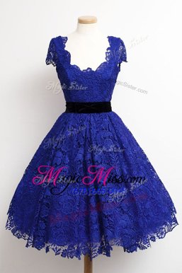 Enchanting Scoop Lace Mother Of The Bride Dress Royal Blue Zipper Cap Sleeves Knee Length