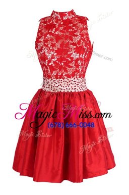 Shining Red Criss Cross Beading and Lace Sleeveless Knee Length