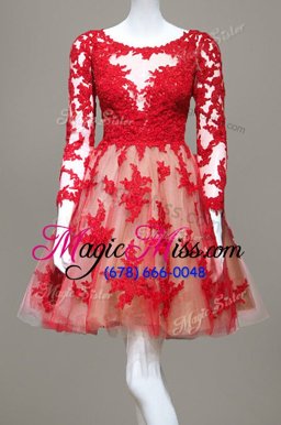 Modest Scoop Lace Red Long Sleeves Appliques Knee Length Prom Party Dress