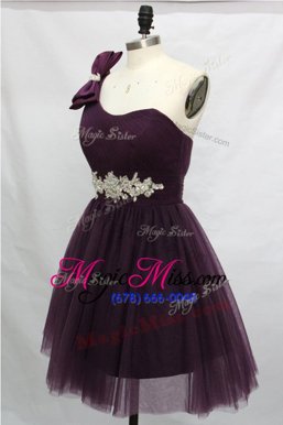 Designer One Shoulder Sleeveless Knee Length Beading Black and Purple Tulle