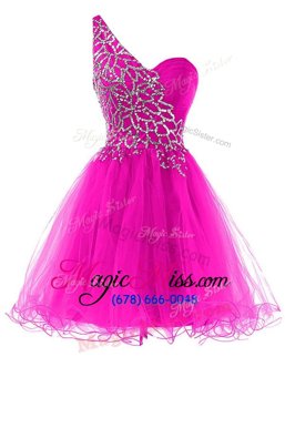 Sexy One Shoulder Hot Pink Sleeveless Organza Zipper Prom Dresses for Prom and Party