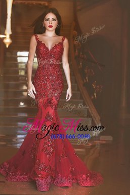 High Quality Mermaid Red Backless Spaghetti Straps Appliques and Sequins Dress for Prom Tulle Sleeveless Sweep Train