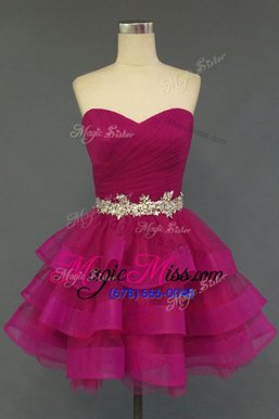 Customized Hot Pink Lace Up Homecoming Dress Beading and Ruffled Layers Sleeveless Knee Length
