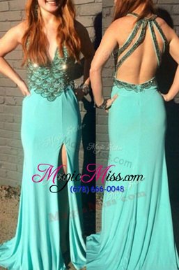 Excellent With Train Empire Sleeveless Turquoise Prom Dress Sweep Train Backless