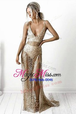 Traditional Champagne Sleeveless Brush Train Lace With Train Prom Party Dress