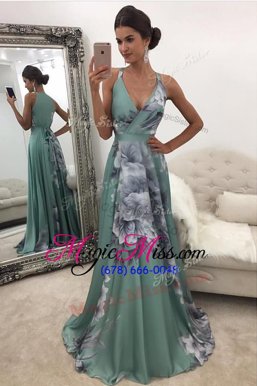 Suitable Green Chiffon and Printed Zipper Prom Gown Sleeveless With Train Sweep Train Pattern