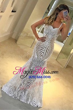 Custom Fit Mermaid Sleeveless Lace Floor Length Zipper Homecoming Dress in White for with Lace
