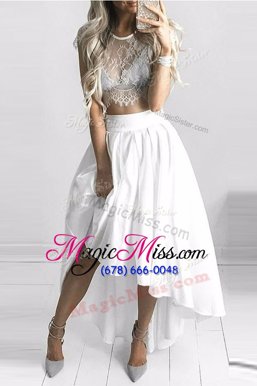 On Sale Scoop White Lace Up Prom Dresses Lace Cap Sleeves Asymmetrical