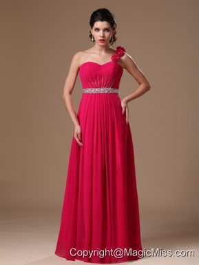 Coral Red Empire One Shoulder Hand Made Flowers Beaded Decorate Waist Formal Evening Prom Dress For Custom Made