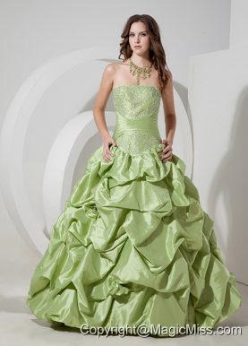 Yellow Green A-line Strapless Floor-length Taffeta Appliques Prom Dress