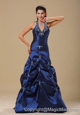 Navy Blue and Appliques Decorate Halter For Prom Dress In Topeka Topeka