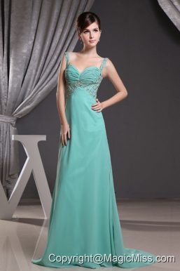Straps Prom Dress With Beadng Ruch Brush Train and Turquoise