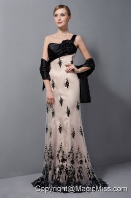 Champagne Column One Shoulder Brush Train Tulle Lace and Hand Made Flower Mother Of The Bride Dress