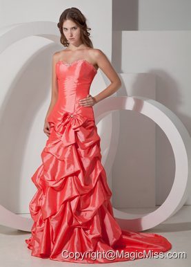 Orange Red A-line Sweetheart Brush Train Taffeta Bowknot Prom Dress