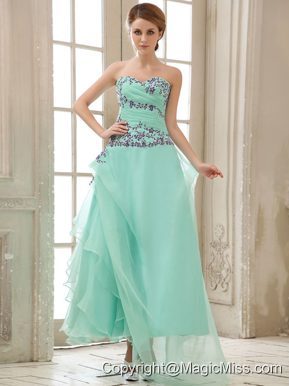 Apple Green Appliuqes and Ruched Bodice For Ankle-length Prom Dress