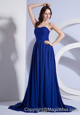 Beading Decorate Up Bodice Blue Chiffon Brush Train 2013 Prom Dress