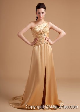 Beading Decorate Bodice One Shoulder High Slit Satin Champagne Brush Train 2013 Prom Dress