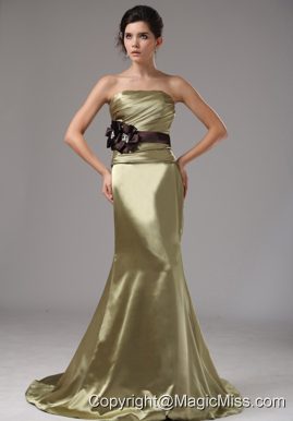 Strapless Mermaid Elastic Woven Satin Olive Green Prom Dress With Black Sash In Bloomington