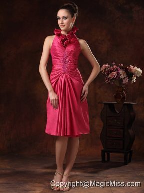 Beaded and Ruched For Hot Pink Halter Prom Dress Knee-length In Grandville