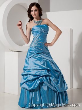 Blue A-Line / Princess Strapless Floor-length Taffeta Beading Prom Dress