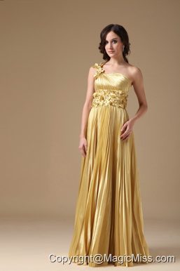 Maize Evening Dress Empire One Shoulder Elastic Woven Satin Hand Made Flowers and Pleat Floor-length