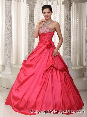Coral Red A-line Strapless Floor-length Taffeta Beading Prom / Evening Dress