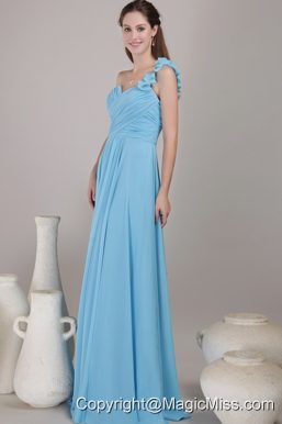 Baby Blue Empire One Shoulder Floor-length Chiffon Ruched Prom Dress
