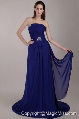Peacock Blue Empire Strapless Court Train Chiffon Sequins Prom Dress