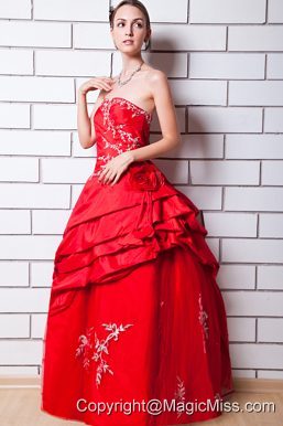 Red A-line Strapless Floor-length Taffeta Appliques Prom Dress