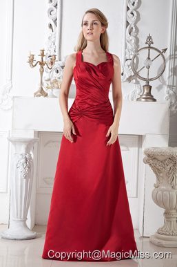 Wine Red A-line Halter Floor-length Satin Ruch Prom Dress
