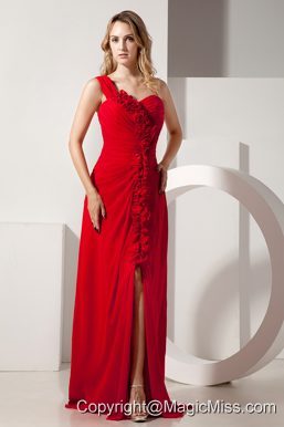 Red Empire One Shoulder Brush Train Chiffon Hand Made Flowers Prom / Evening Dress