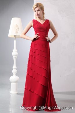 Red Column V-neck Floor-length Chiffon Ruch Prom Dress