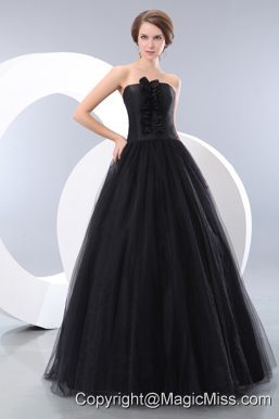 Black A-line Strapless Floor-length Tulle Prom / Evening Dress